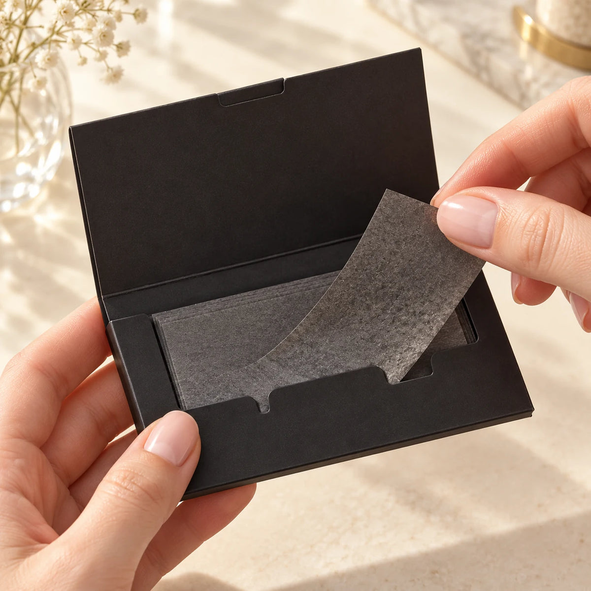 Hands removing one charcoal-grey blotting sheet from an open black dispenser.