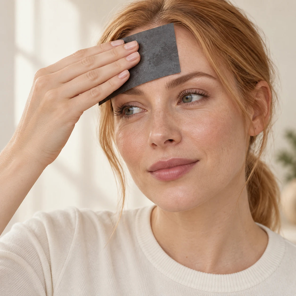 Woman gently pressing a charcoal-grey blotting paper onto her forehead.