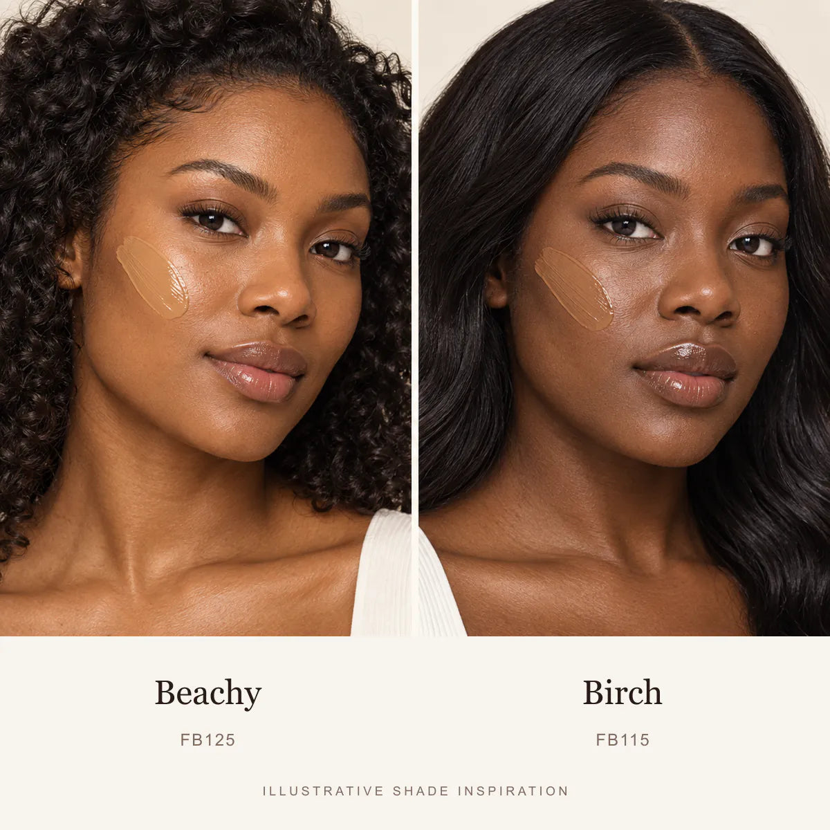 BB Cream Beachy FB125 and Birch FB115 shown as real cream swatches on two separate models