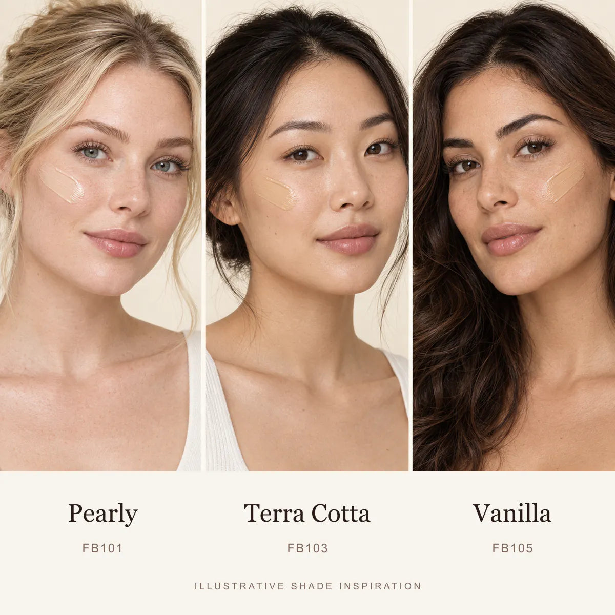 BB Cream Pearly FB101, Terra Cotta FB103 and Vanilla FB105 shown as real cream swatches on three separate models