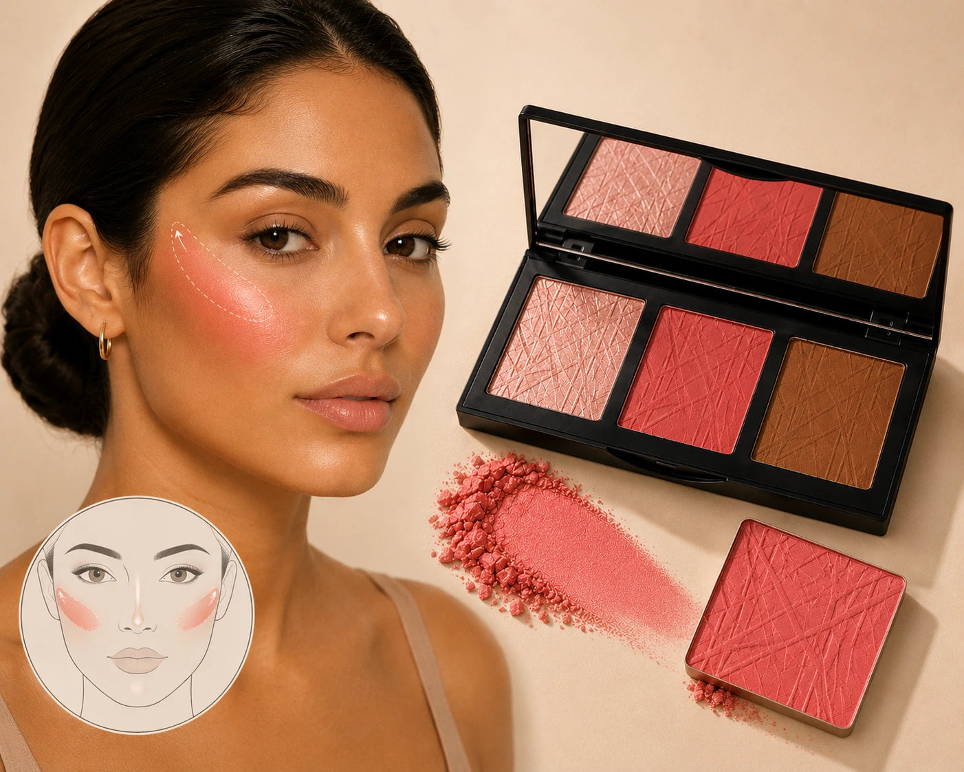 Blush placement across the cheeks