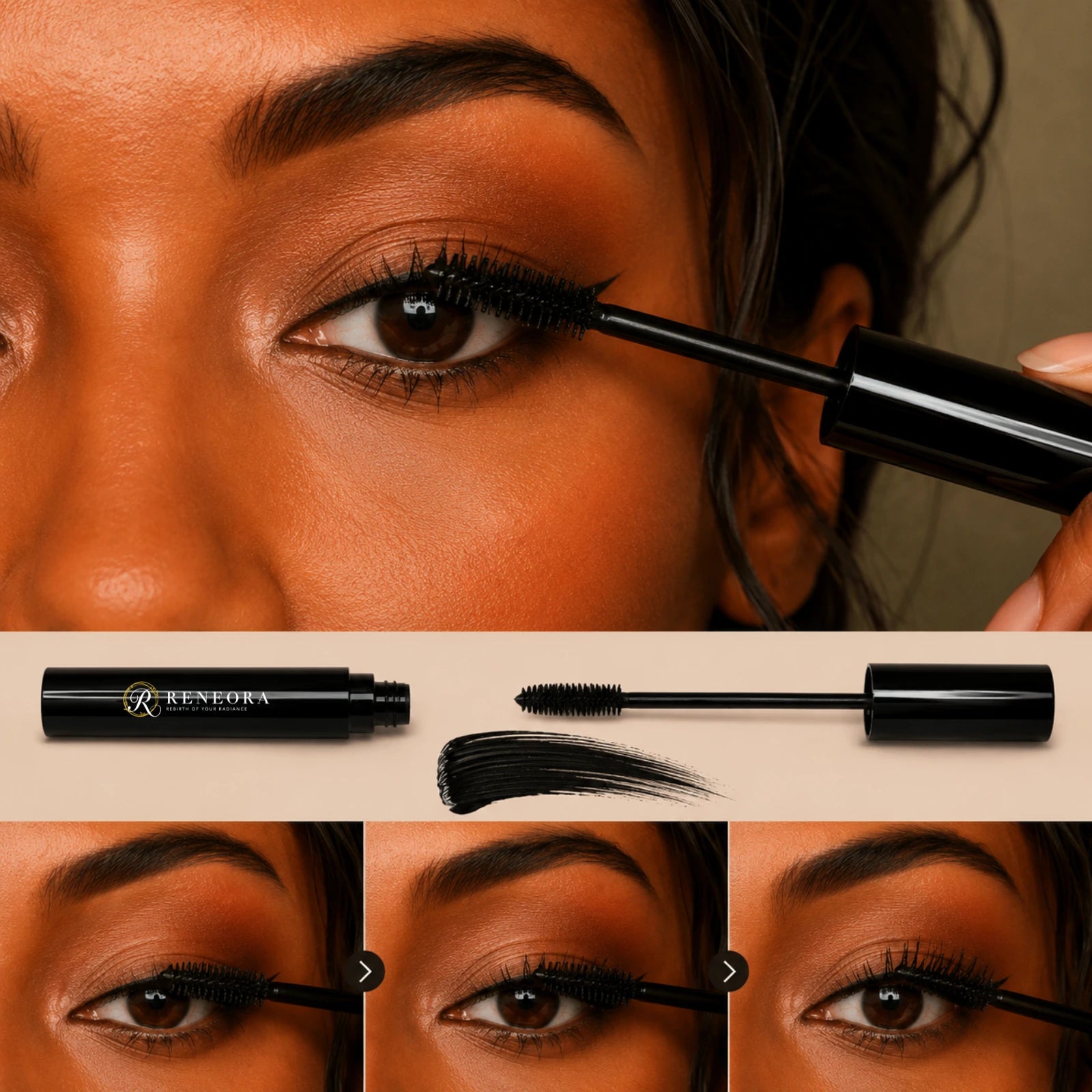 Reneora mascara being swept from lash roots to tips