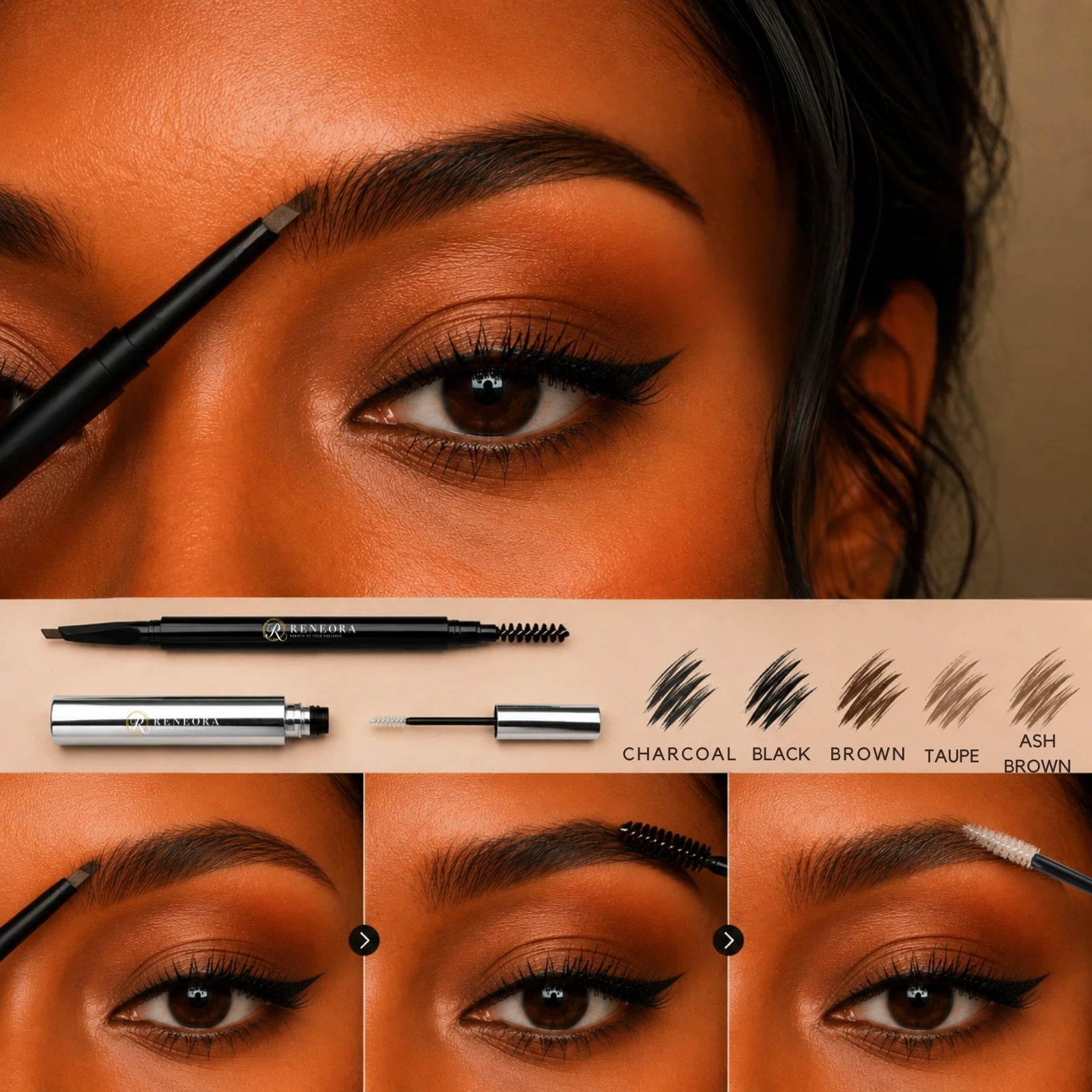 Reneora brow pencil and eyebrow gel used to fill brush and set the brows