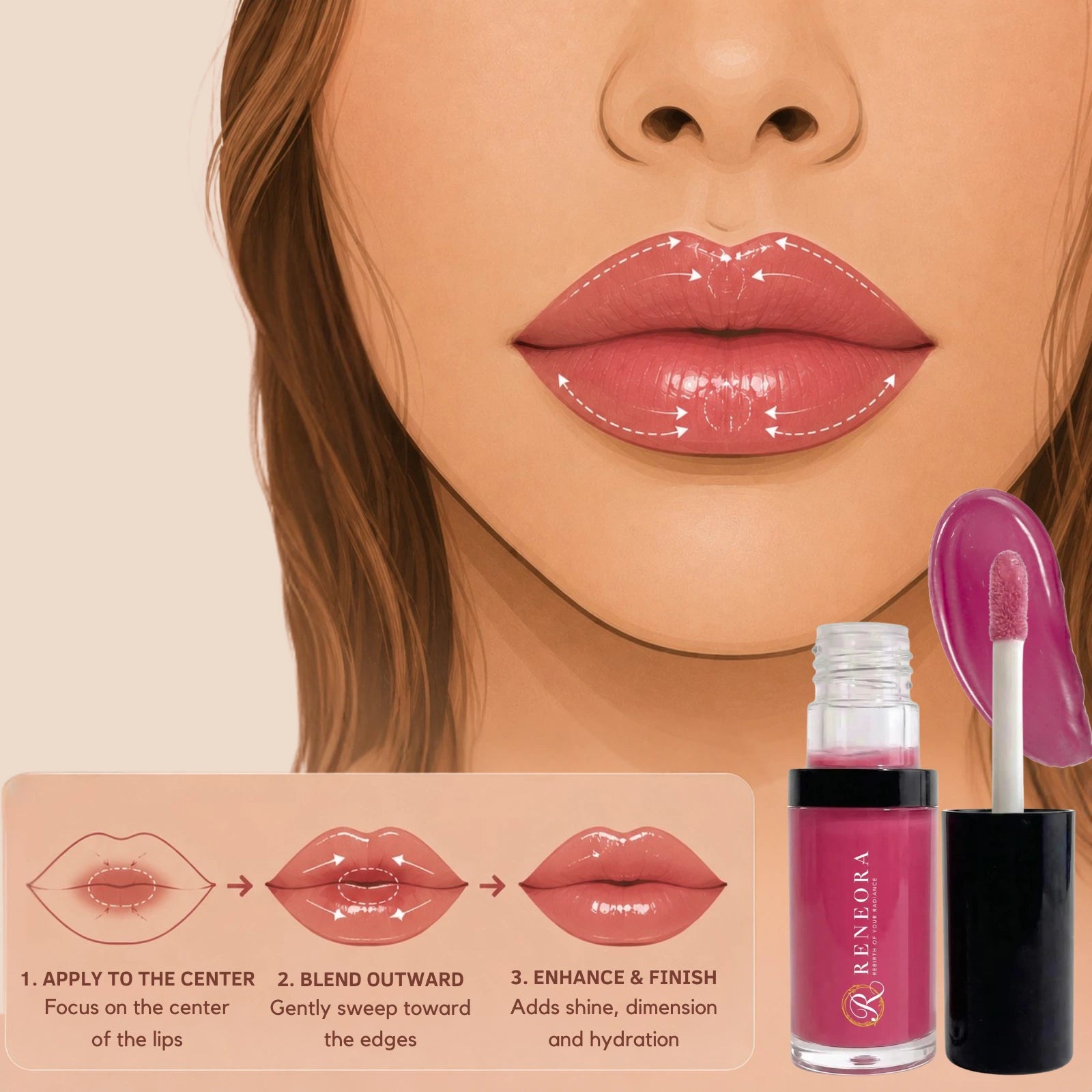 Lip oil placement across the surface and center of the lips