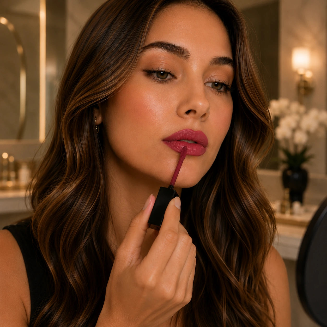 Matte lip stain being applied across the lips