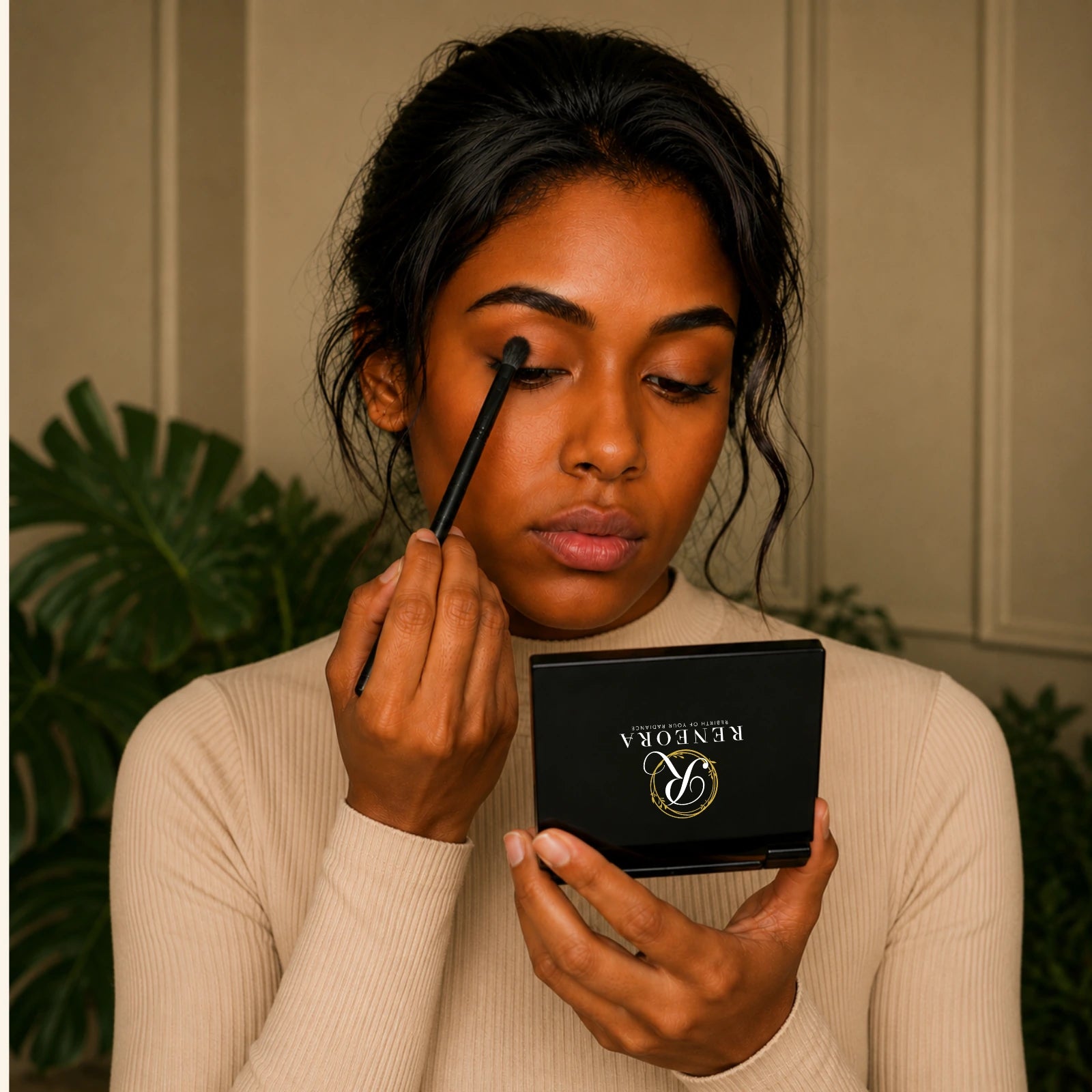 Eyeshadow being pressed onto the eyelid with a packing brush