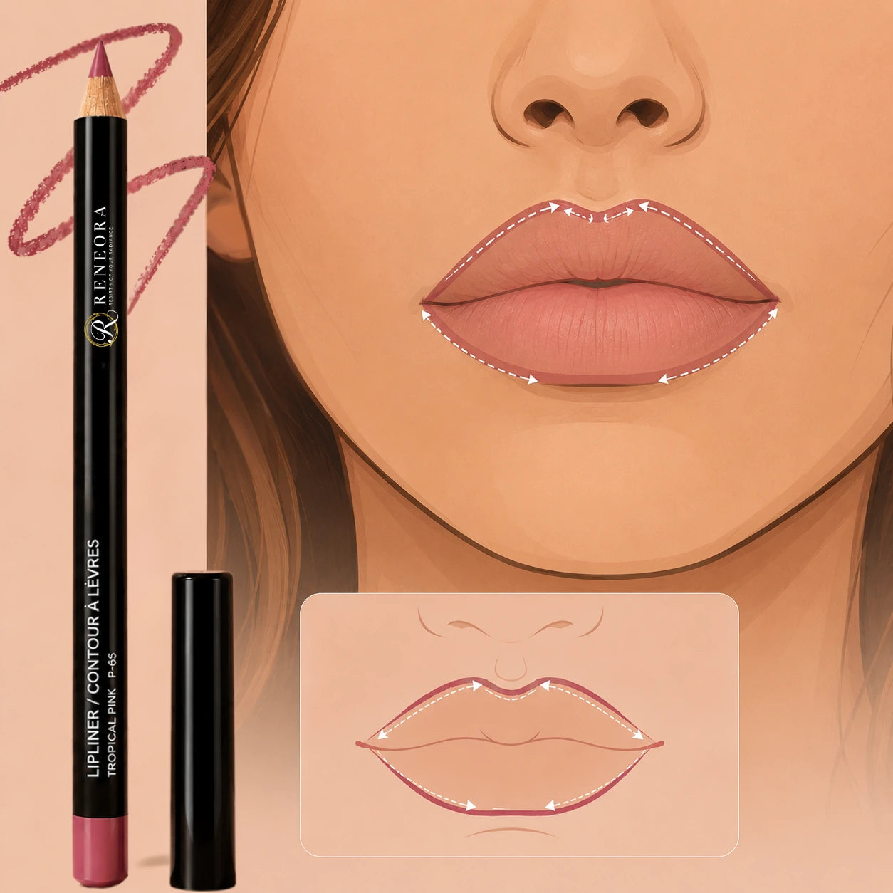 Lip liner placement around the natural lip contour