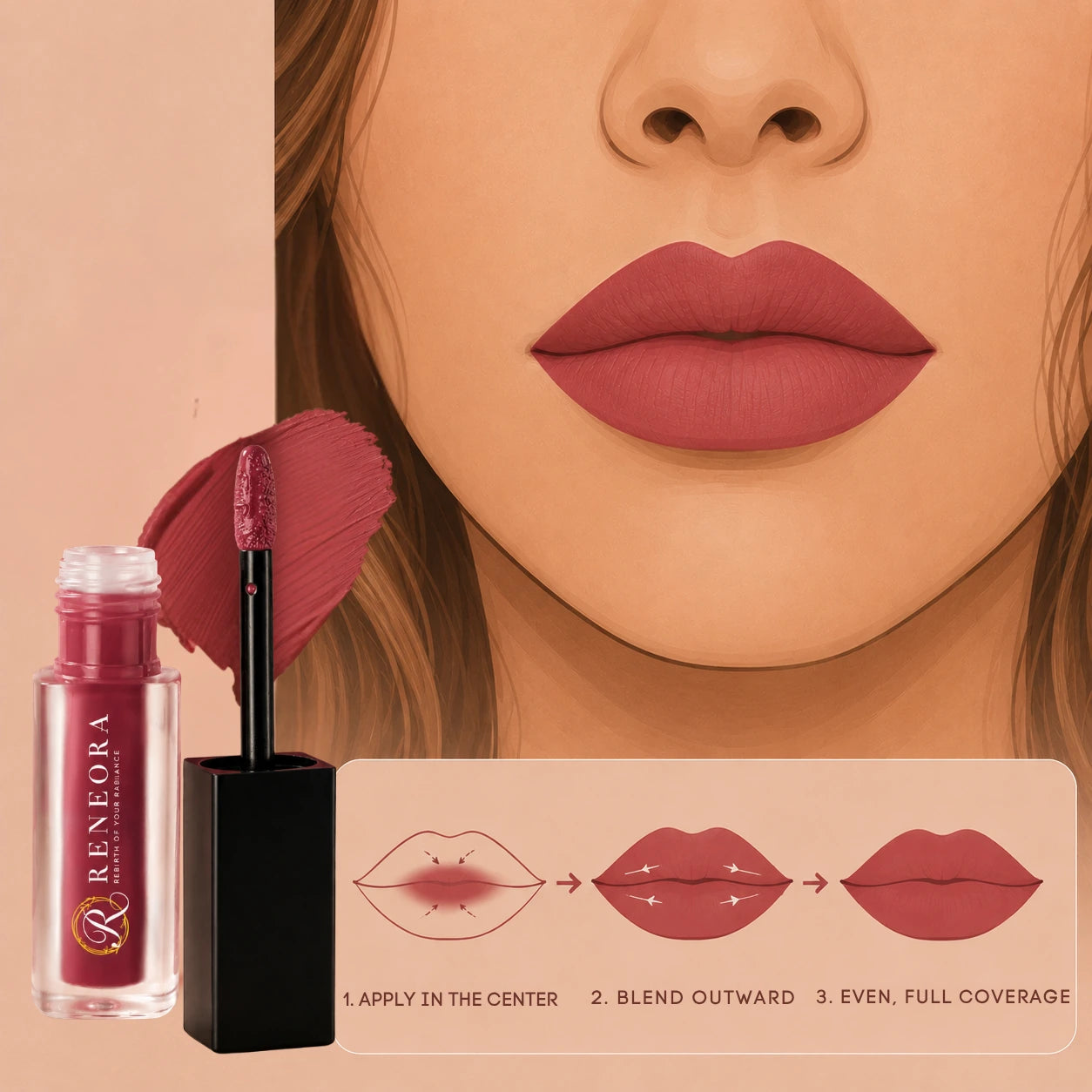 Matte lip stain placement across the full lips