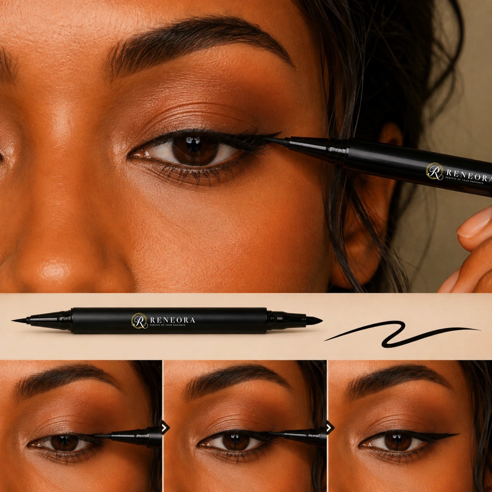 Reneora eyeliner being applied with controlled strokes along the lash line