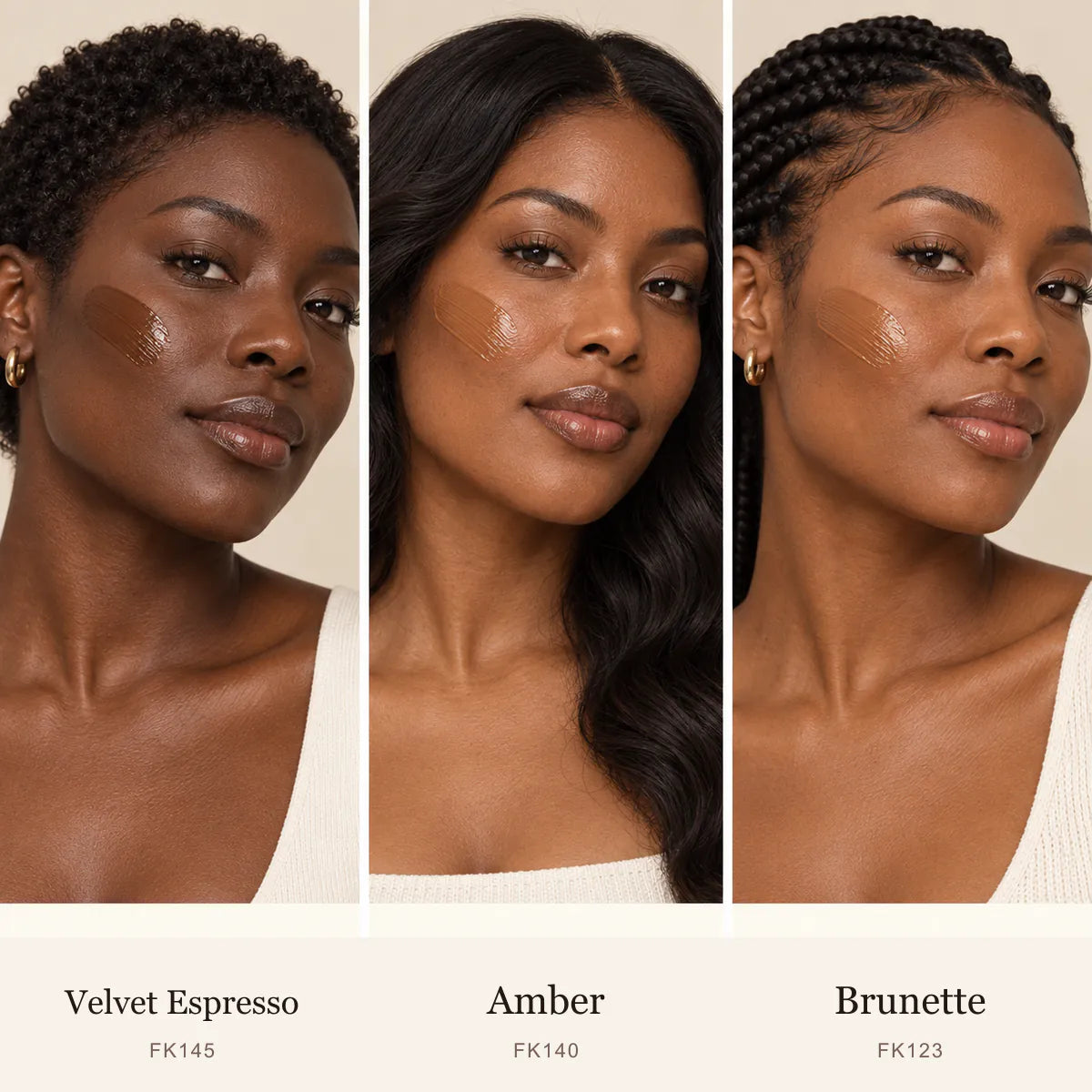 Foundation shades Velvet Espresso FK145, Amber FK140 and Brunette FK123 shown as real cream texture swatches on three separate models