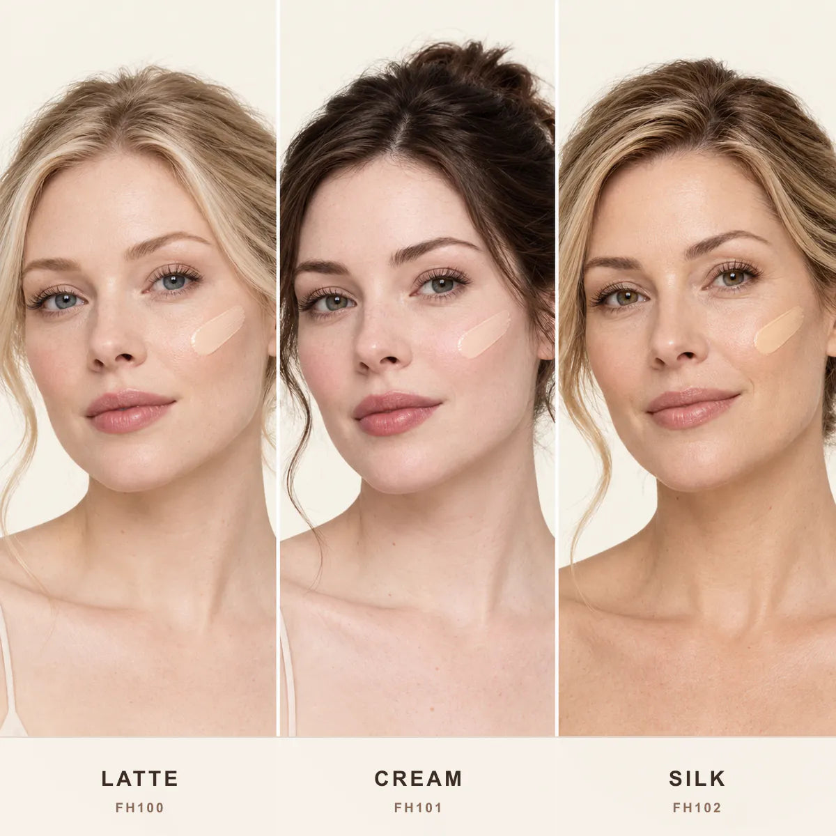 Full Cover Foundation shades Latte FH100, Cream FH101 and Silk FH102