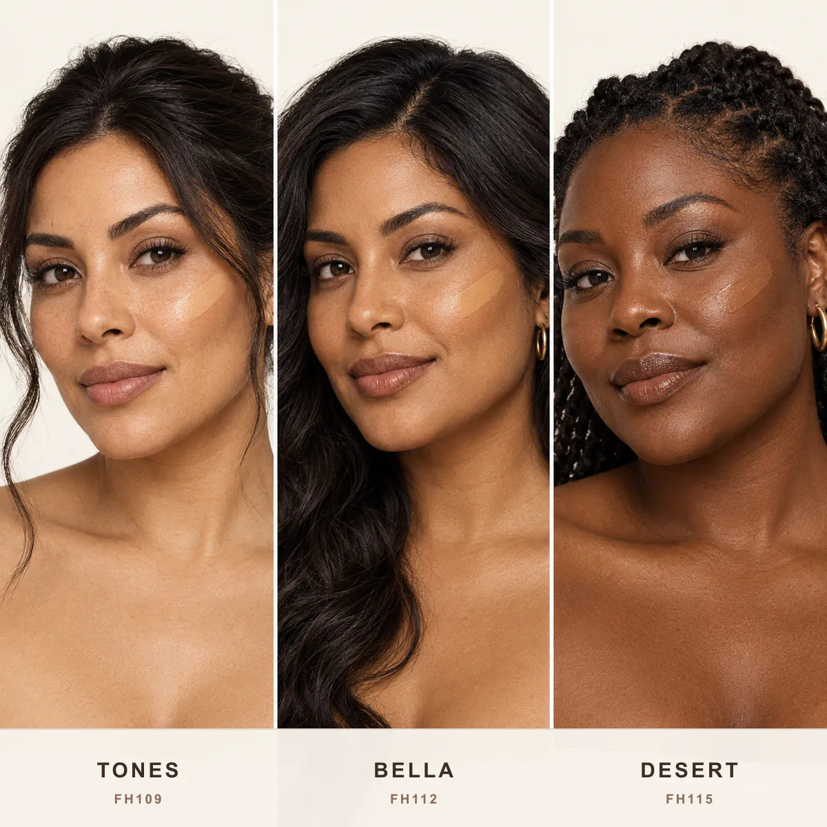 Full Cover Foundation shades Tones FH109, Bella FH112 and Desert FH115