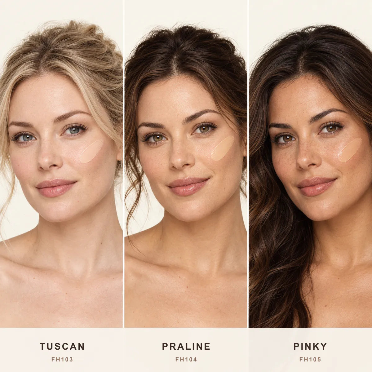 Full Cover Foundation shades Tuscan FH103, Praline FH104 and Pinky FH105