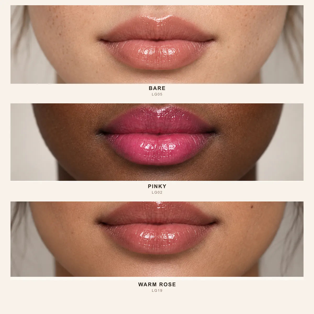 Lip Gloss shades Bare LG05, Pinky LG02 and Warm Rose LG19 on three skin tones