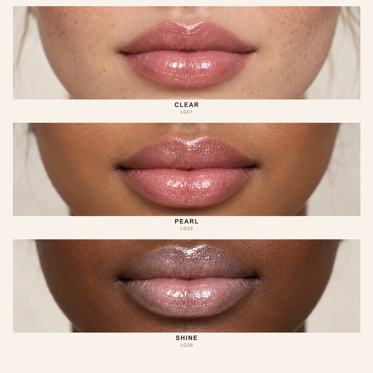 Lip Gloss shades Clear LG01, Pearl LG23 and Shine LG28 on three skin tones