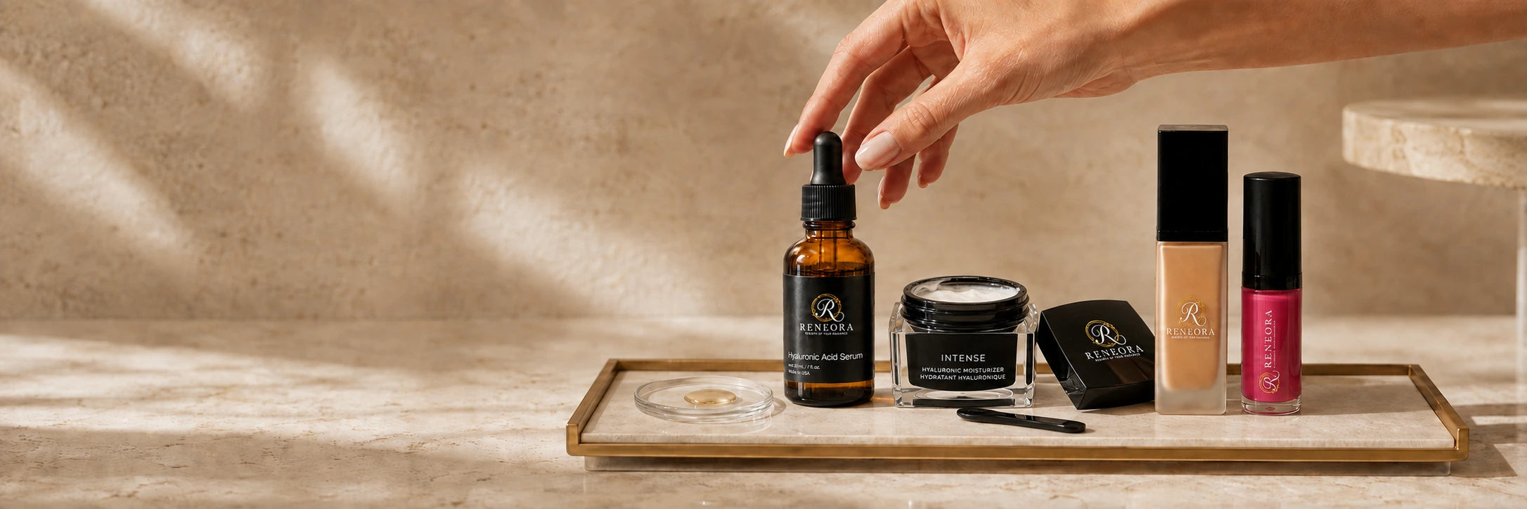Reneora skincare and makeup arranged as a refined daily ritual